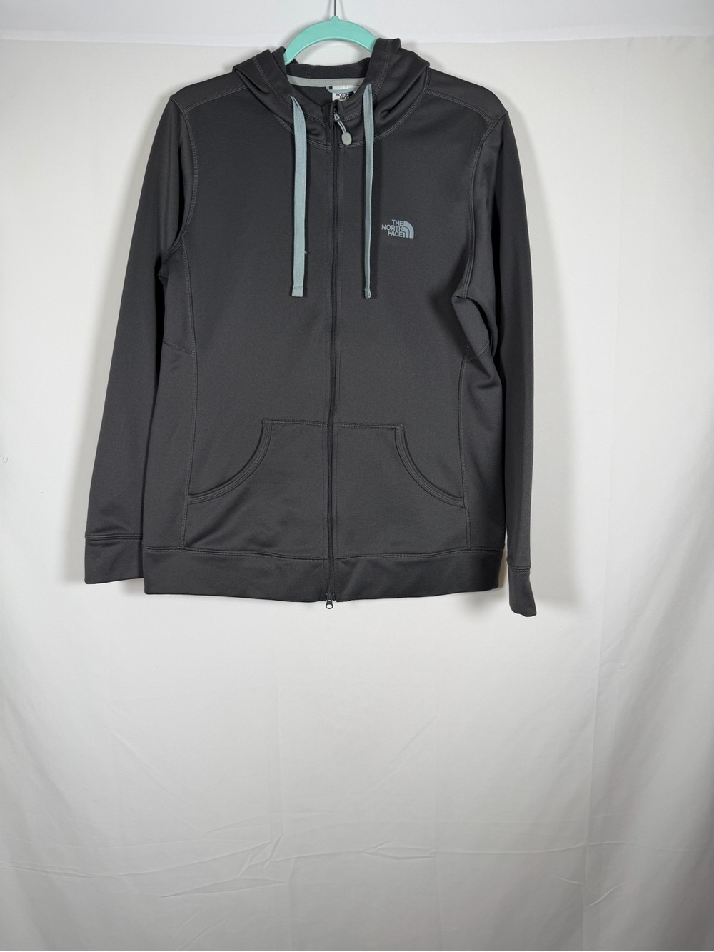 The North Face Charcoal Gray Full-Zip Hoodie with Light Gray Drawstrings